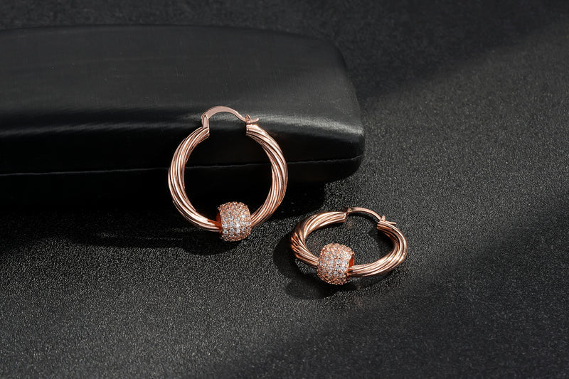 NEW ROSE GOLD LARGE DISCO BALLS HOOP EARRINGS WITH STONES