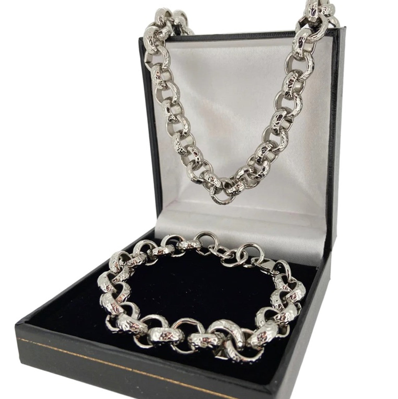 12MM SILVER DIAMOND CUT PATTERNED BELCHER SET