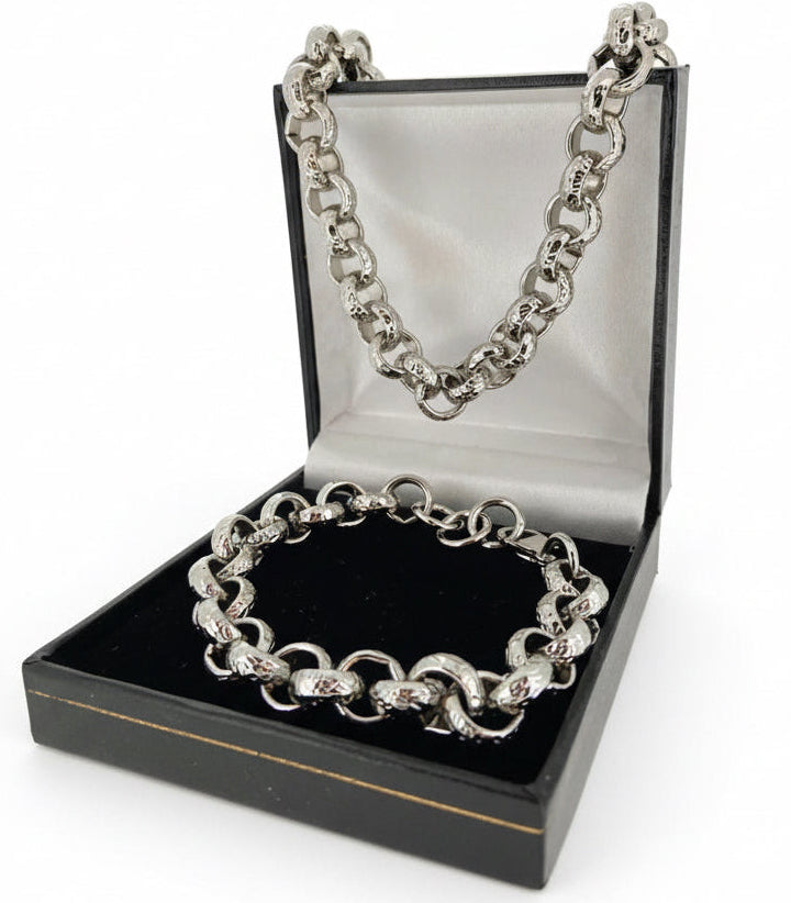 12MM SILVER DIAMOND CUT PATTERNED BELCHER SET