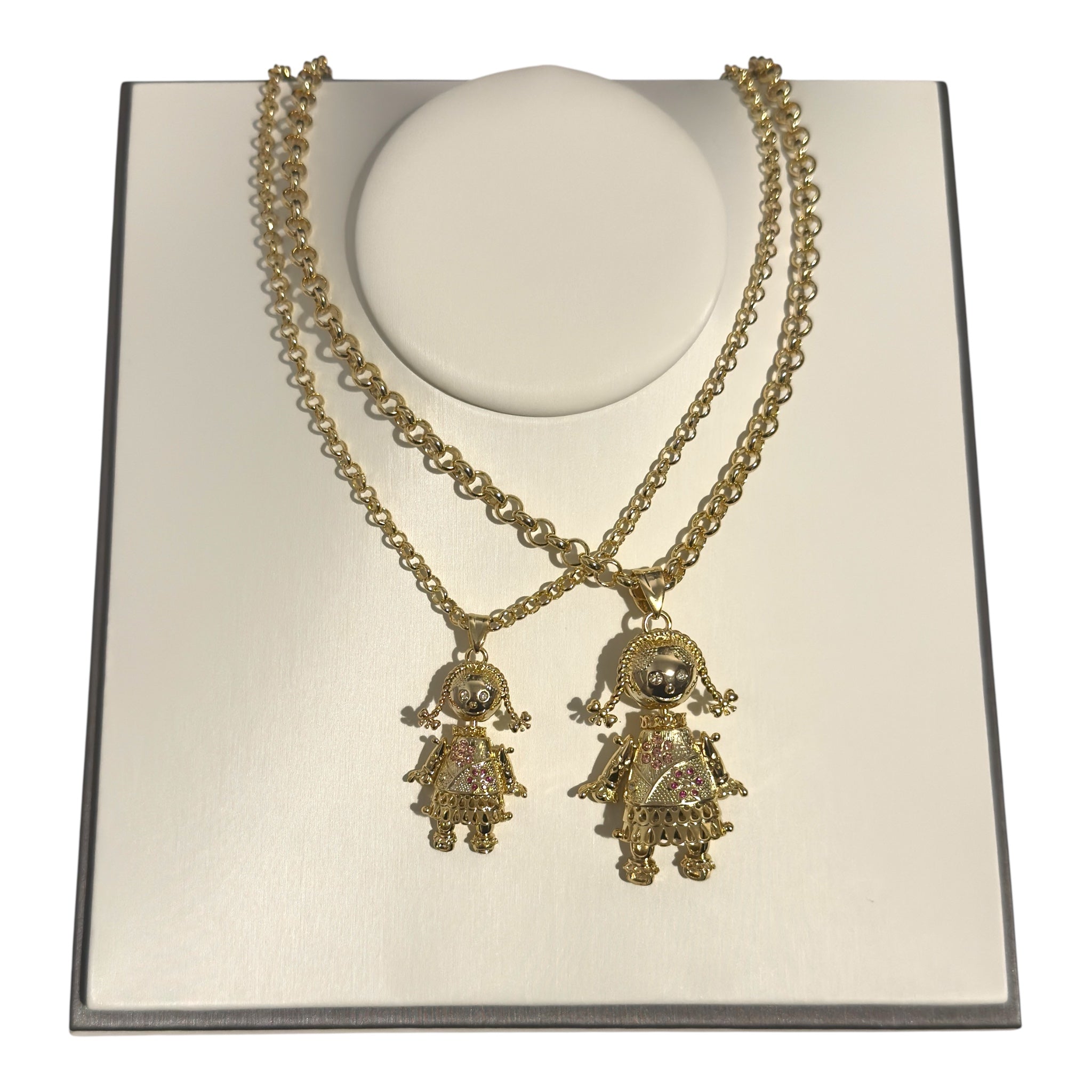 RAG DOLL PENDANT WITH A GOLD SMOOTH BELCHER CHAIN - PINK & RED STONES