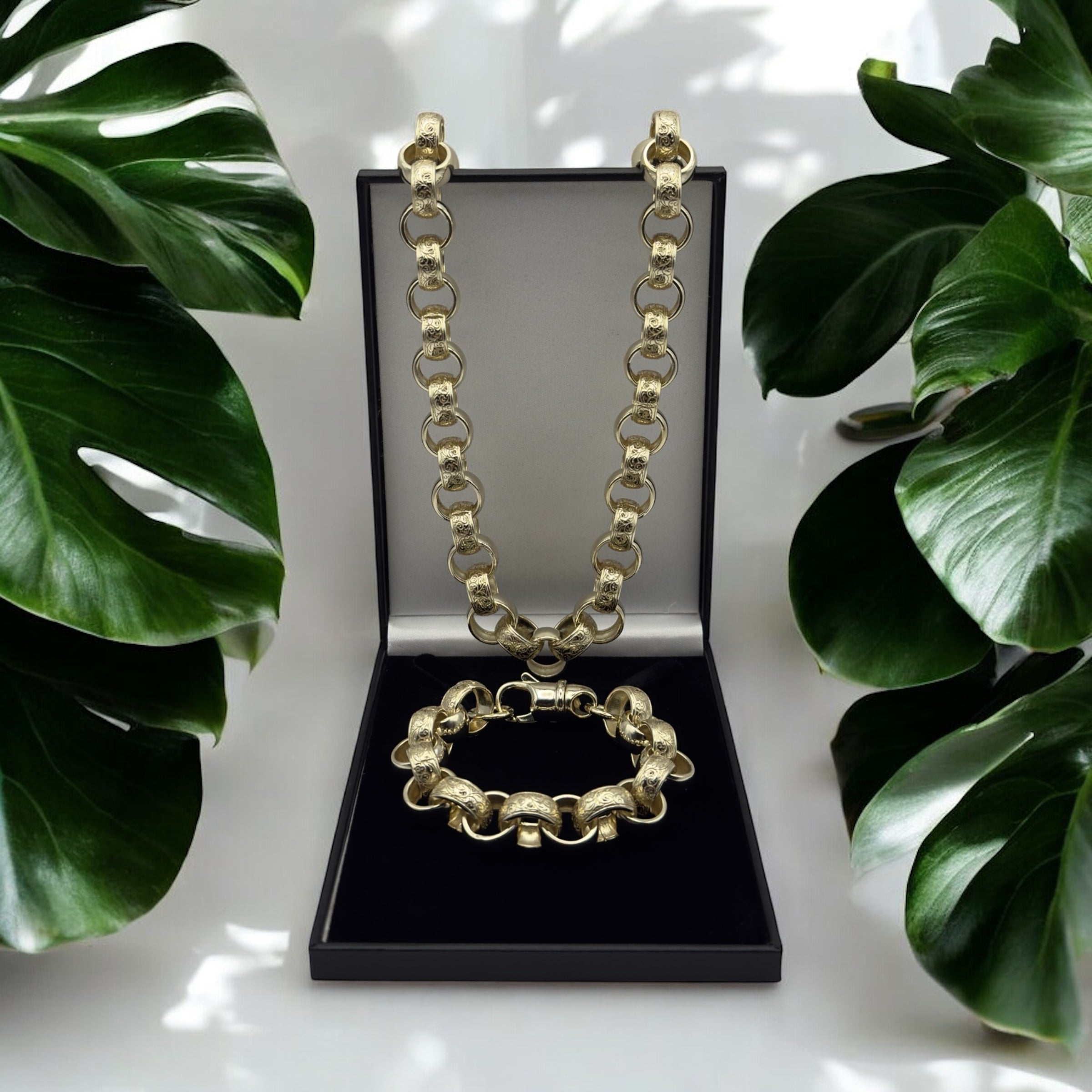 14MM GOLD FILLED ORNATE PATTERNED BELCHER CHAIN AND BRACELET SET - FULLY WELDED