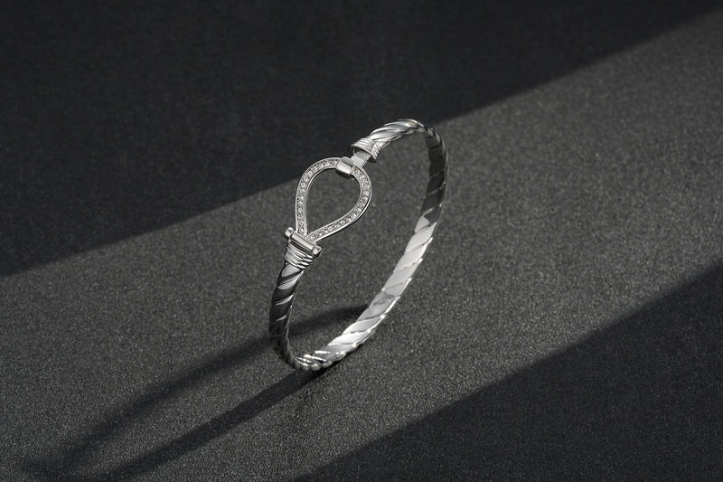 NEW 6MM SILVER CLOSED LOOP BANGLE WITH STONES - 8INCHES