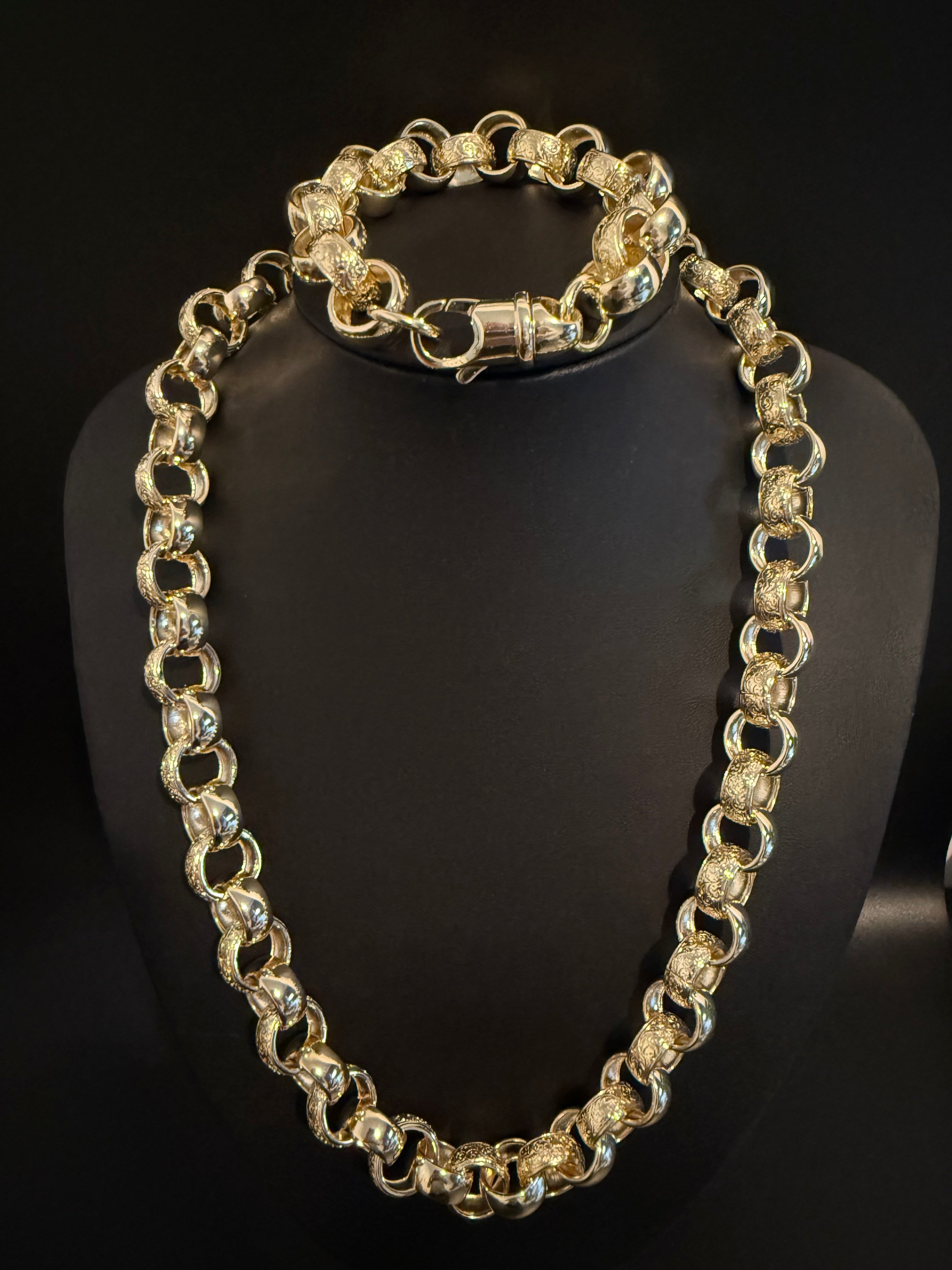 14MM GOLD FILLED ORNATE PATTERNED BELCHER CHAIN AND BRACELET SET - FULLY WELDED