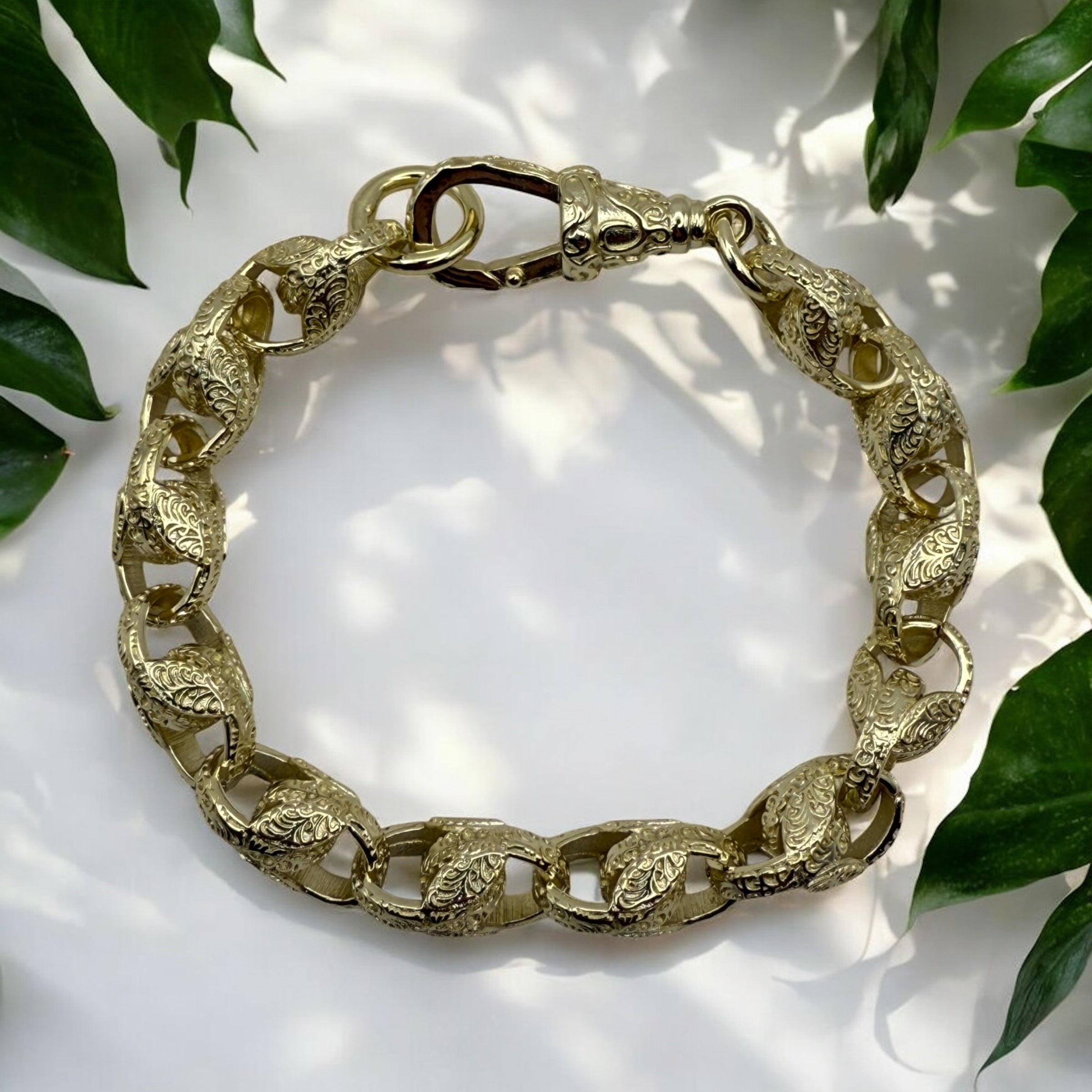 9MM GOLD PATTERNED TULIP CHAIN & BRACELET SET – FULLY WELDED, ALBERT CLASP