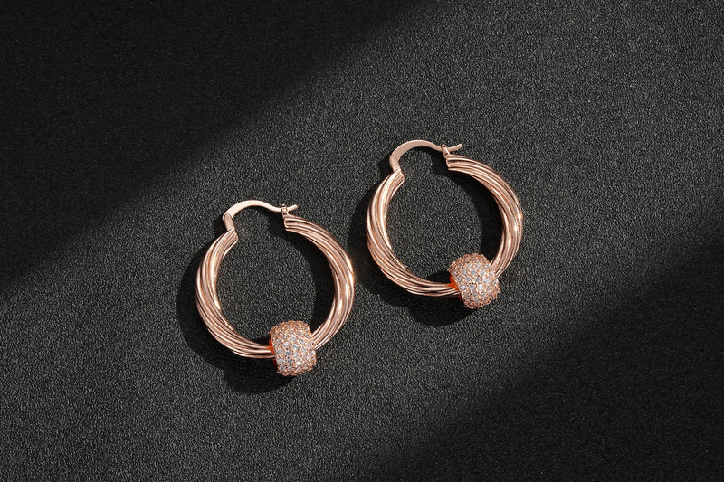 NEW ROSE GOLD LARGE DISCO BALLS HOOP EARRINGS WITH STONES