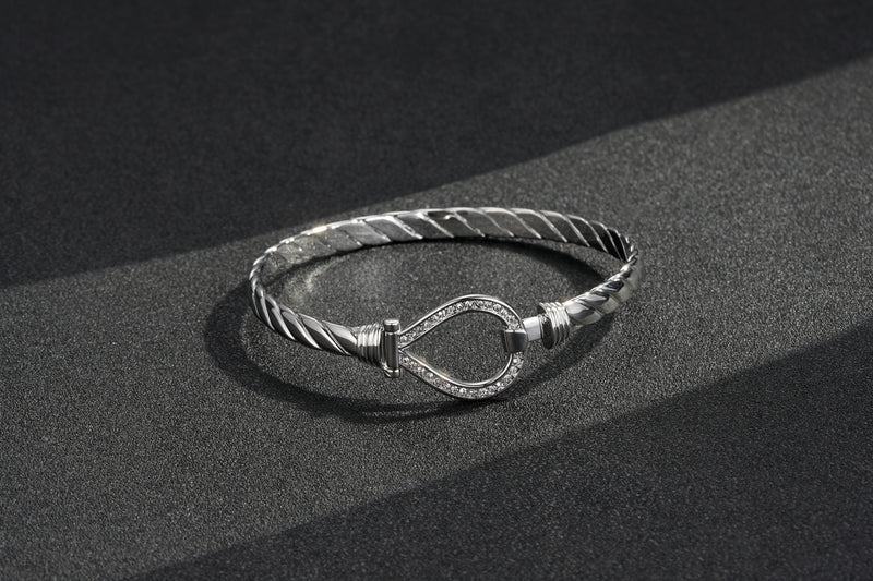 NEW 6MM SILVER CLOSED LOOP BANGLE WITH STONES - 8INCHES