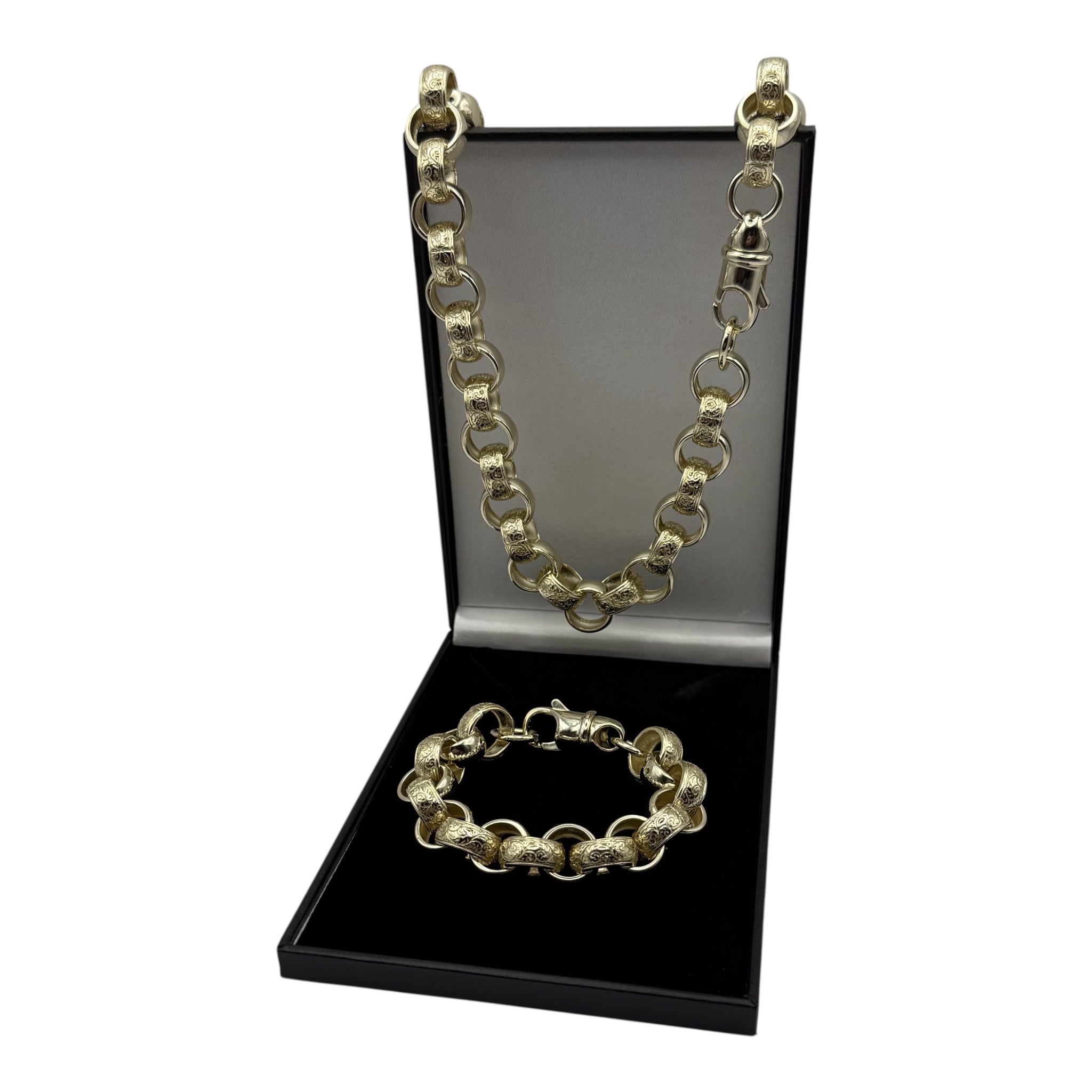 14MM GOLD FILLED ORNATE PATTERNED BELCHER CHAIN AND BRACELET SET - FULLY WELDED