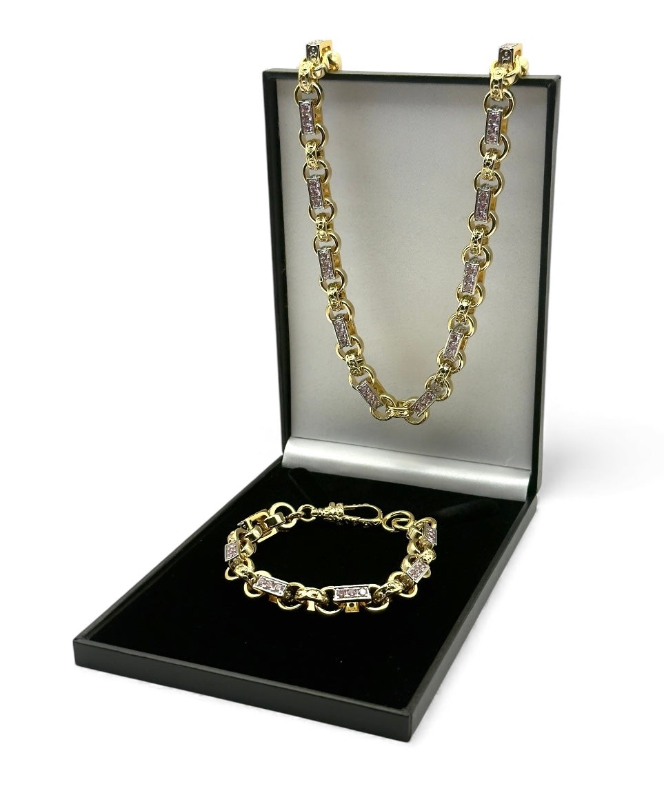 10mm Two-Tone Pink Gypsy Link Belcher Set – Necklace & Bracelet