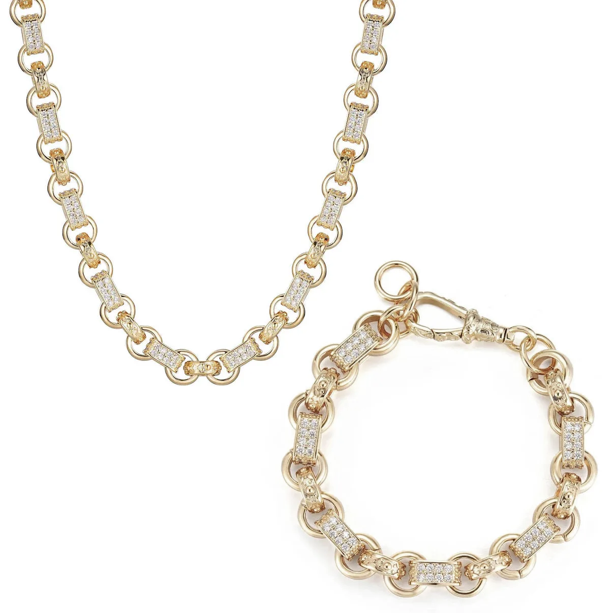 10MM CLEAR STONE GYPSY LINK BELCHER SET – NECKLACE & BRACELET