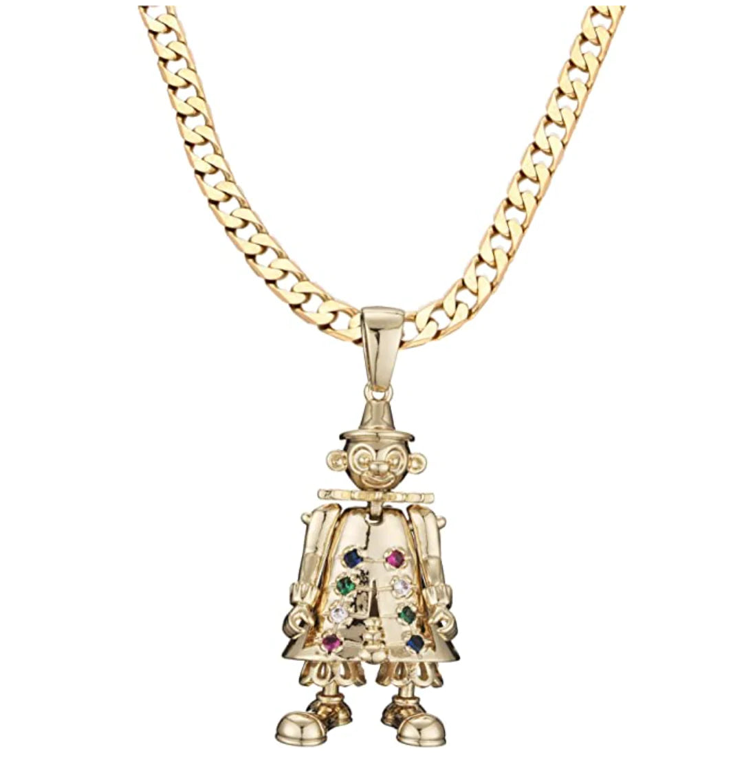 GOLD LARGE 3D CLOWN PENDANT WITH 4MM 24 INCH CUBAN CURB CHAIN