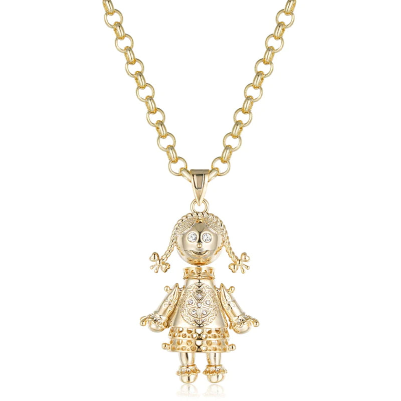 GOLD RAG DOLL PENDANT CLEAR STONES