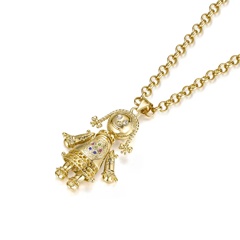 GOLD 3D RAG DOLL PENDANT MULTICOLOUR STONES