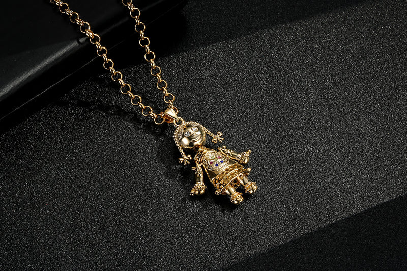 GOLD 3D RAG DOLL PENDANT MULTICOLOUR STONES