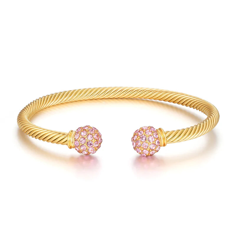 NEW 4MM GOLD BALL TORQUE BANGLE BRACELET WITH PINK STONES