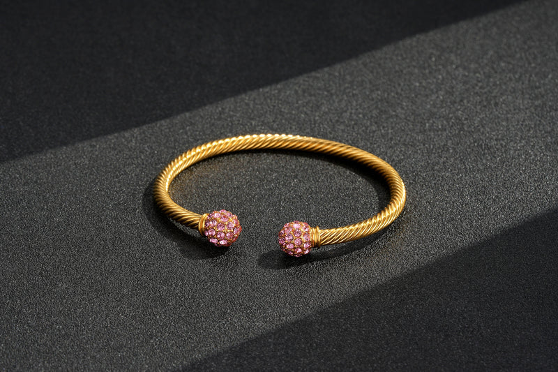 NEW 4MM GOLD BALL TORQUE BANGLE BRACELET WITH PINK STONES