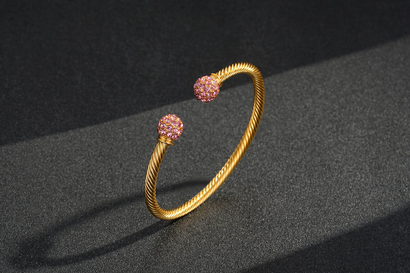 NEW 4MM GOLD BALL TORQUE BANGLE BRACELET WITH PINK STONES