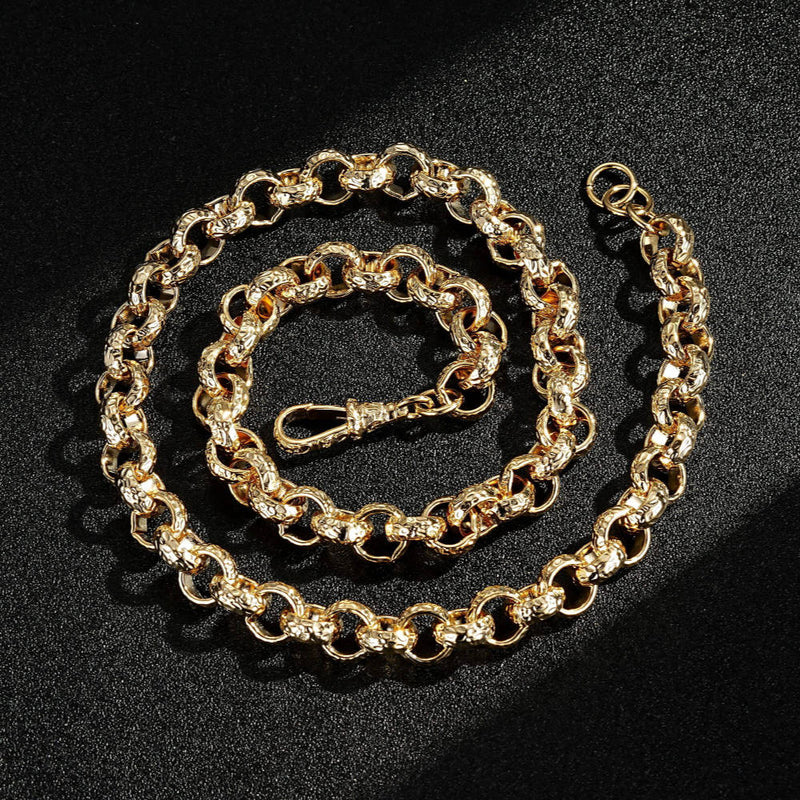 LUXURY GOLD 12MM DIAMOND CUT PATTERN BELCHER CHAIN WITH ALBERT CLASP