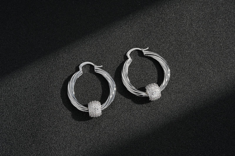 SILVER LARGE DISCO BALL HOOP EARRINGS WITH STONES