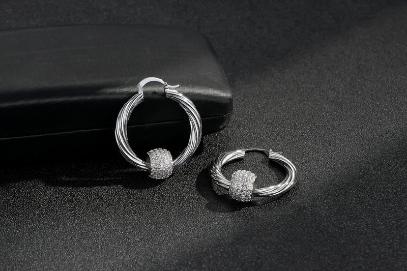 SILVER LARGE DISCO BALL HOOP EARRINGS WITH STONES