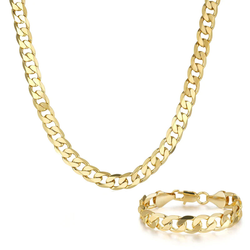 LUXURY GOLD 9MM CUBAN CURB CHAIN AND BRACELET SET
