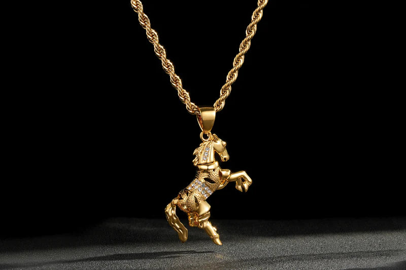 New 5mm Gold Moveable Horse Pendant with 24-Inch Premium Rope Chain