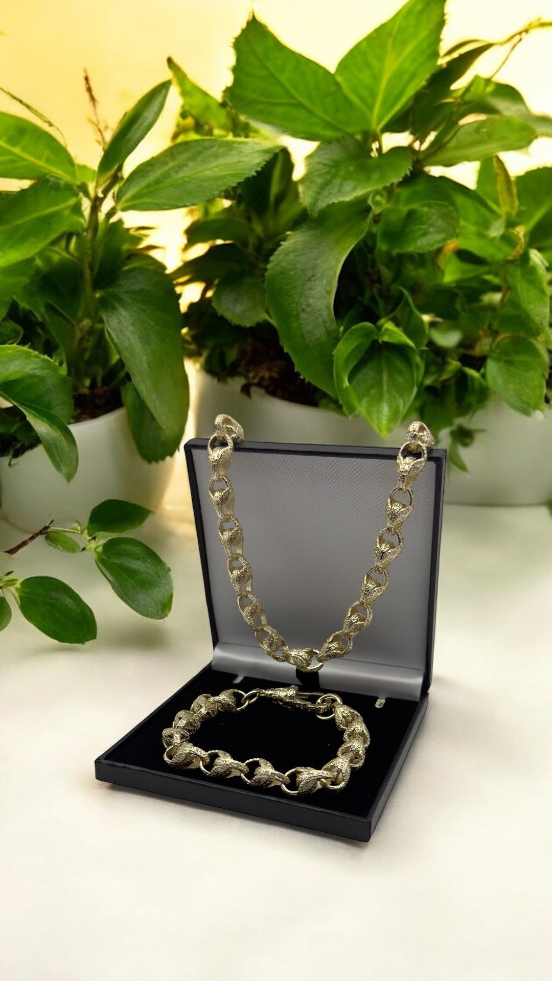 9MM GOLD PATTERNED TULIP CHAIN & BRACELET SET – FULLY WELDED, ALBERT CLASP