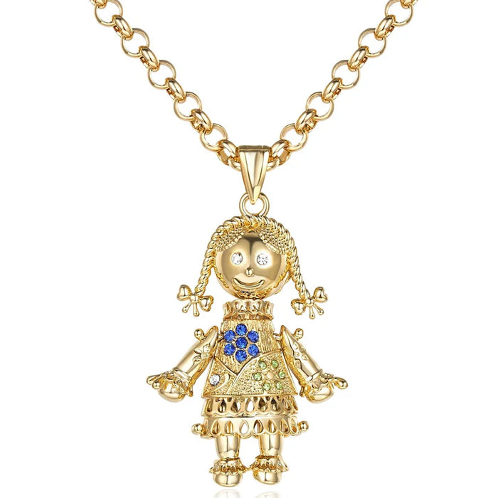 GOLD FILLED RAG DOLL PENDANT WITH BLUE & GREEN STONES
