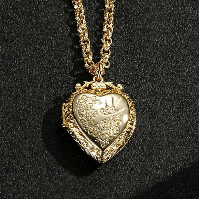 GOLD-FILLED HEART LOCKET WITH BIRDS AND FLOWERS