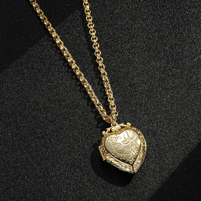 GOLD-FILLED HEART LOCKET WITH BIRDS AND FLOWERS