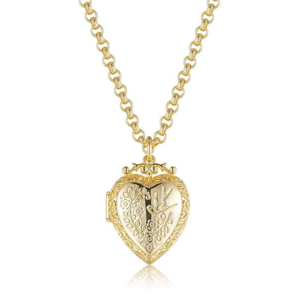GOLD-FILLED HEART LOCKET WITH BIRDS AND FLOWERS