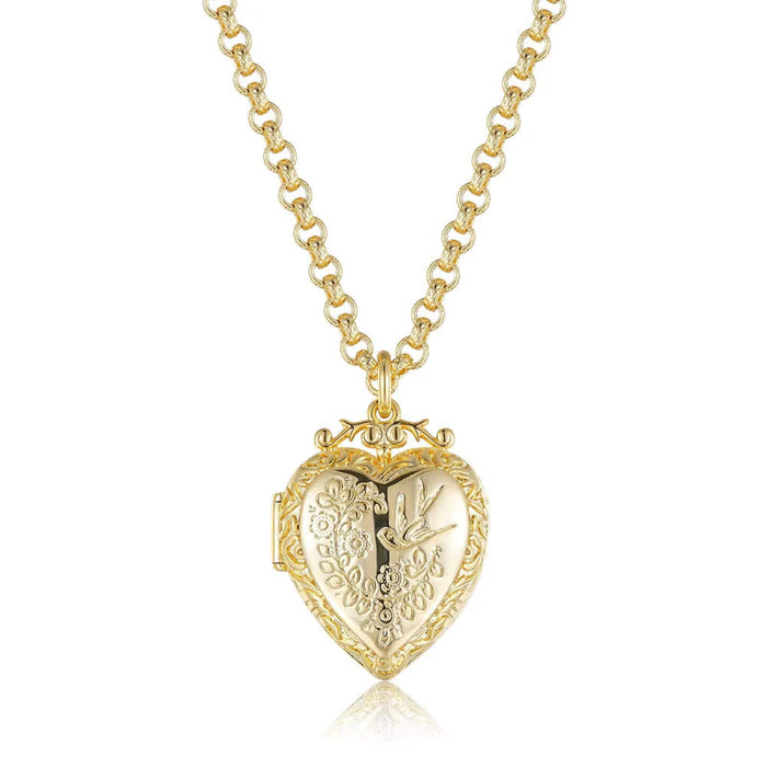 GOLD-FILLED HEART LOCKET WITH BIRDS AND FLOWERS