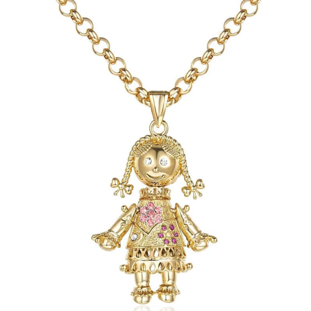 RAG DOLL PENDANT WITH 5.5MM GOLD SMOOTH BELCHER CHAIN - PINK & RED STONES