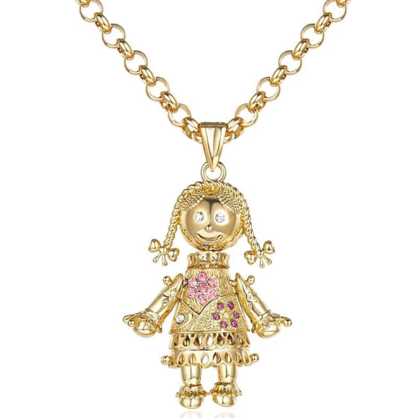GOLD FILLED RAG DOLL PENDANT WITH RED & PINK STONES