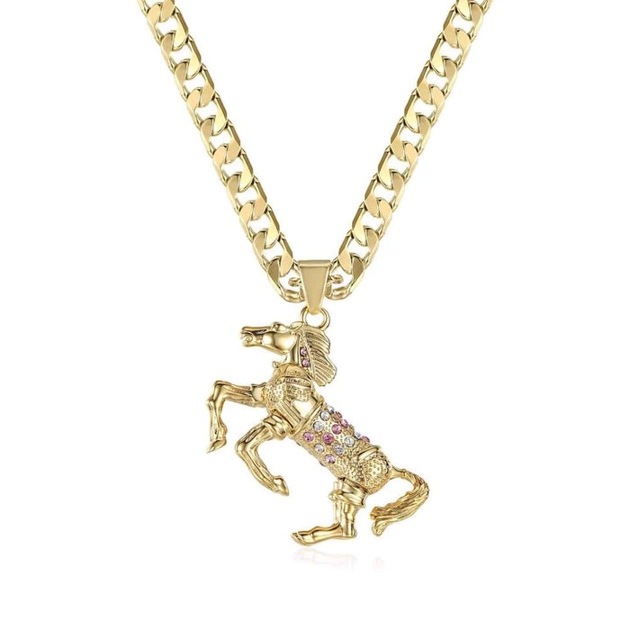 GOLD FILLED HORSE PENDANT WITH PINK STONES & CUBAN CHAIN