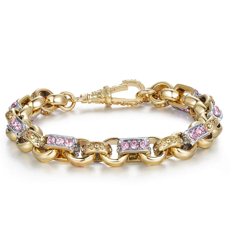 10MM TWO TONE GOLD & SILVER PINK GYPSY LINK BRACELET