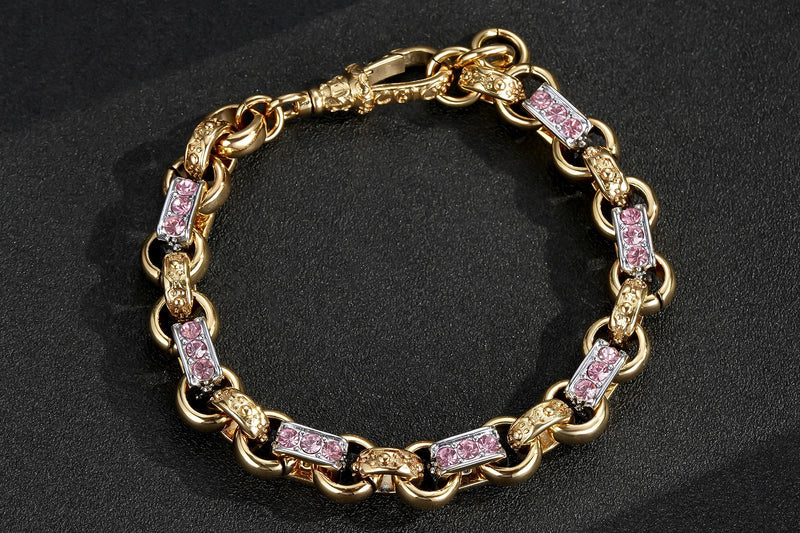 GOLD FILLED 10MM TWO-TONE PINK GYPSY LINK BELCHER BRACELET