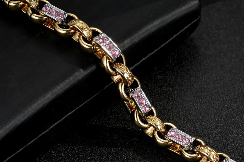 GOLD FILLED 10MM TWO-TONE PINK GYPSY LINK BELCHER BRACELET