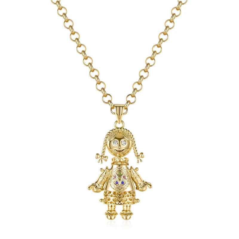 GOLD FILLED RAG DOLL PENDANT WITH MULTI-COLOUR STONES