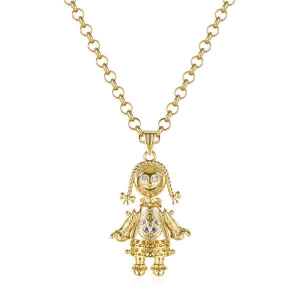 GOLD FILLED RAG DOLL PENDANT WITH MULTI-COLOUR STONES