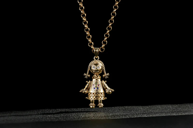 GOLD FILLED RAG DOLL PENDANT WITH MULTI-COLOUR STONES