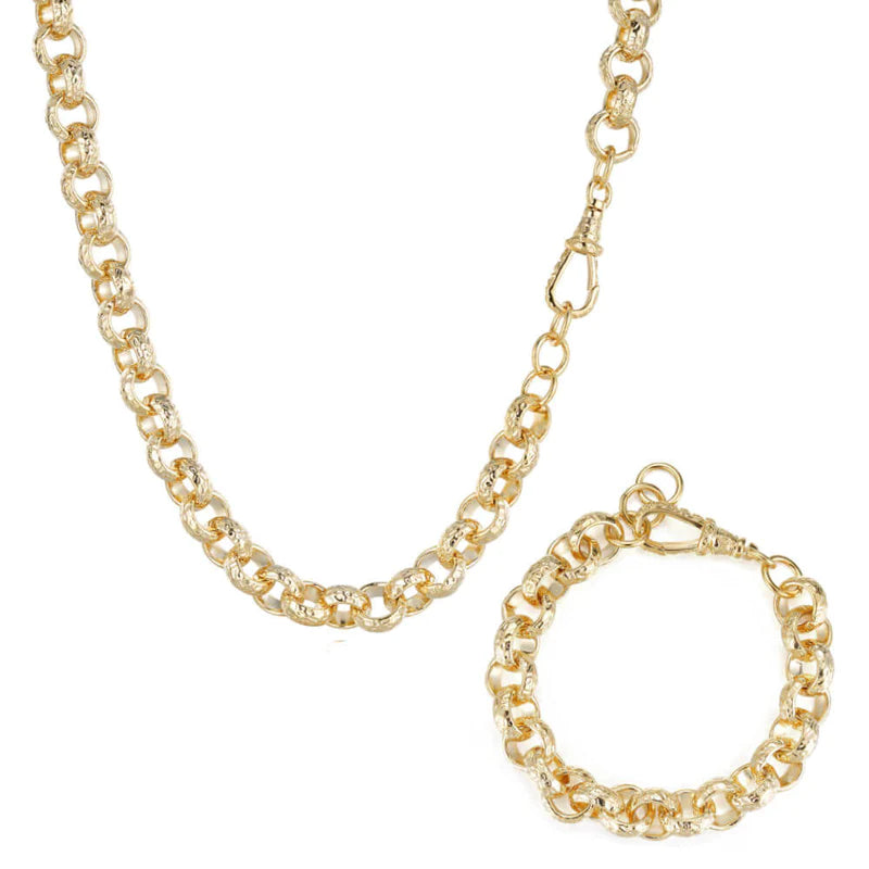 LUXURY GOLD 12MM DIAMOND CUT PATTERN BELCHER CHAIN AND BRACELET WITH A