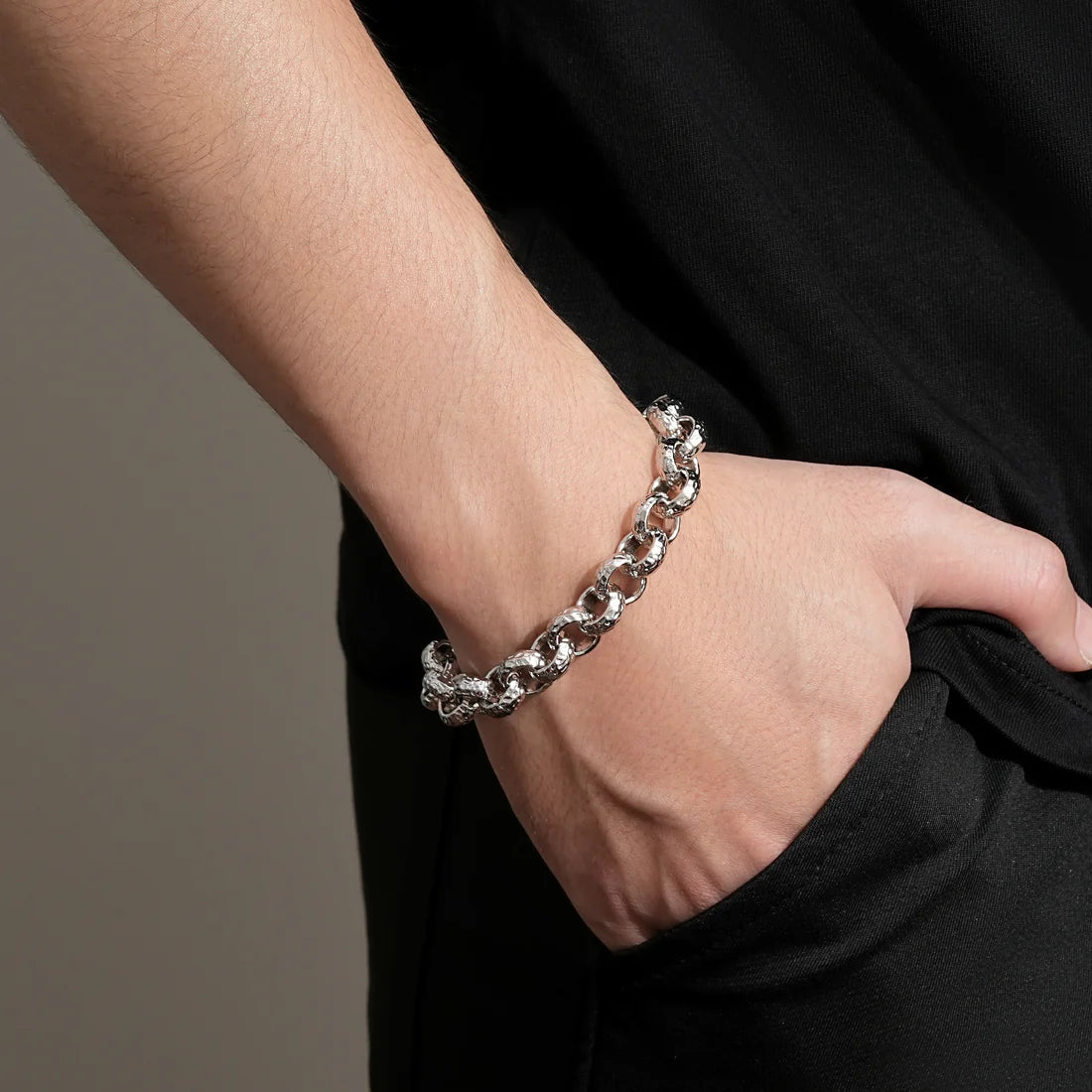 NEW 12MM DIAMOND-PATTERNED BELCHER BRACELET WITH ALBERT CLASP – PREMIUM SILVER-FILLED