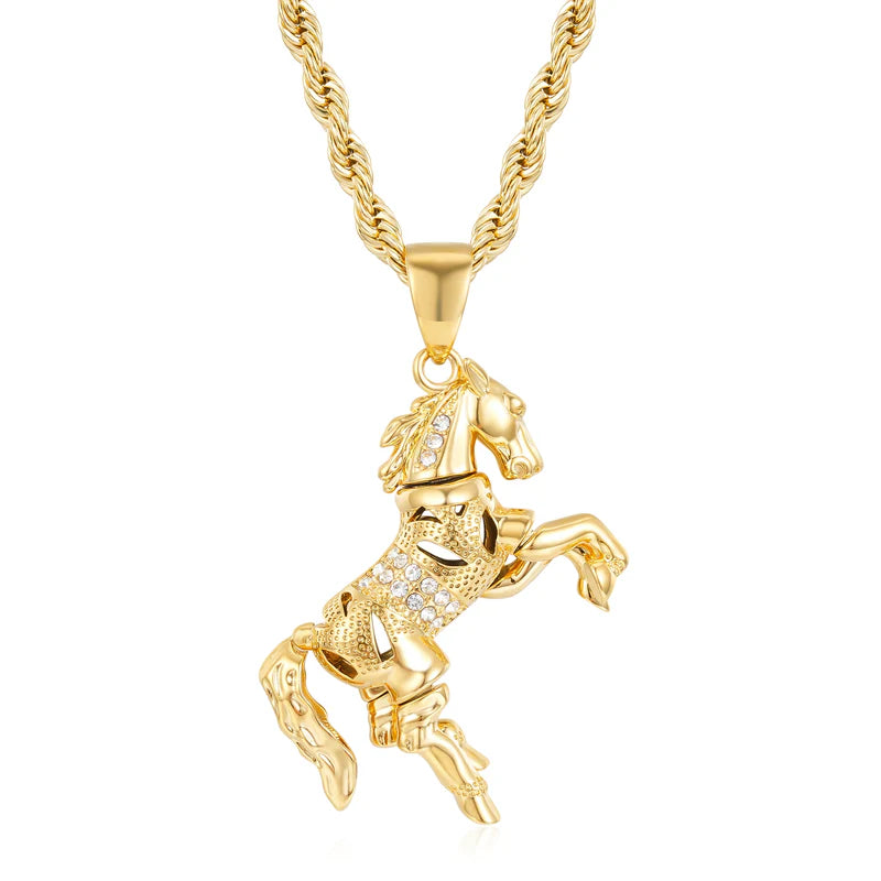 New 5mm Gold Moveable Horse Pendant with 24-Inch Premium Rope Chain