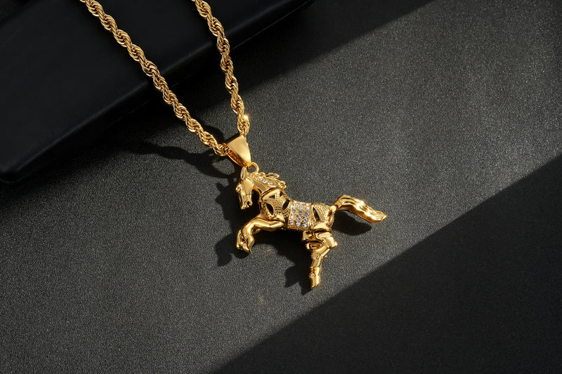 New 5mm Gold Moveable Horse Pendant with 24-Inch Premium Rope Chain