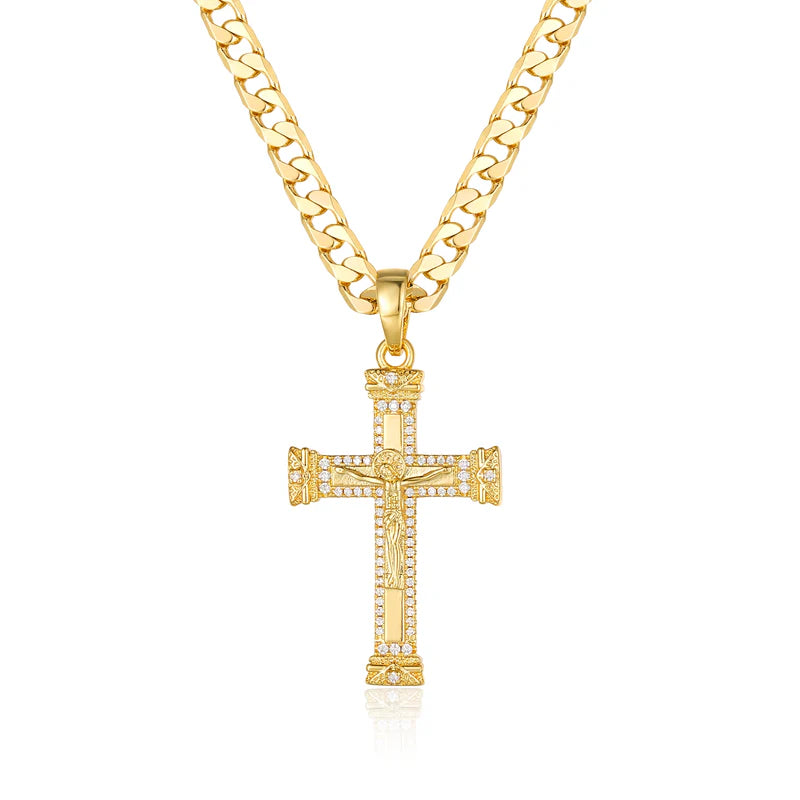 GOLD FILLED HEAVY JESUS CROSS CRUCIFIX PENDANT WITH 6MM CUBAN CHAIN