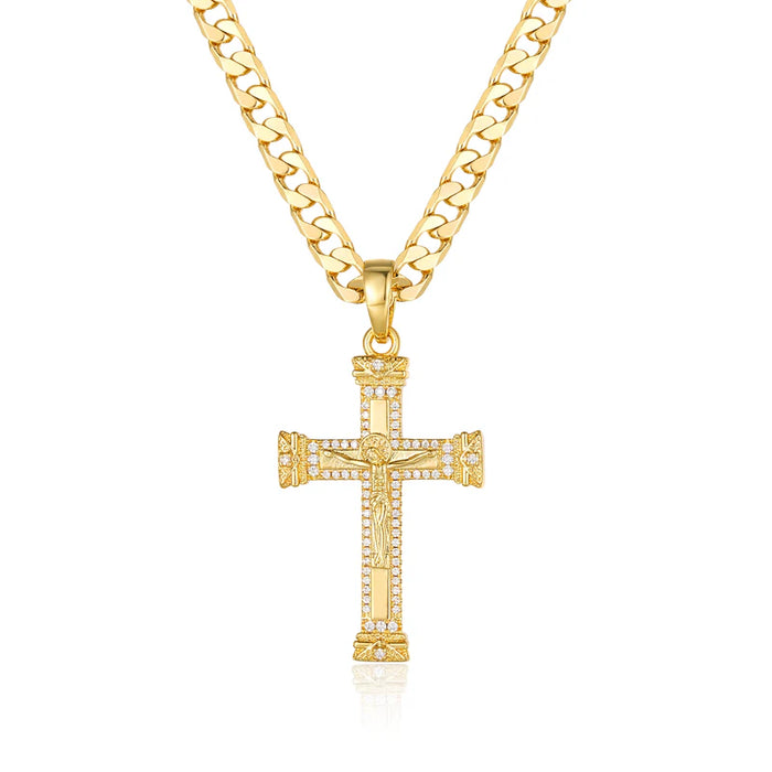 GOLD FILLED HEAVY JESUS CROSS CRUCIFIX PENDANT WITH 6MM CUBAN CHAIN