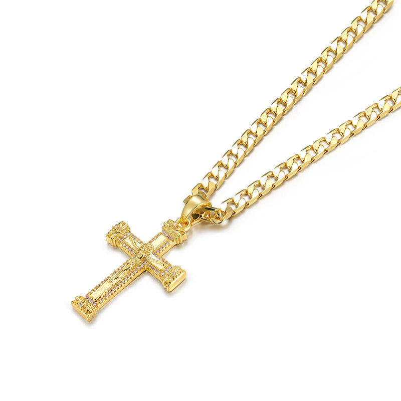 GOLD FILLED HEAVY JESUS CROSS CRUCIFIX PENDANT WITH 6MM CUBAN CHAIN