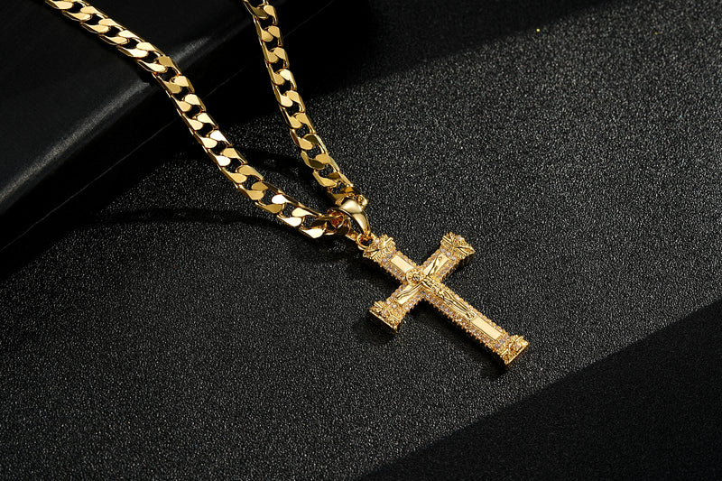 GOLD FILLED HEAVY JESUS CROSS CRUCIFIX PENDANT WITH 6MM CUBAN CHAIN