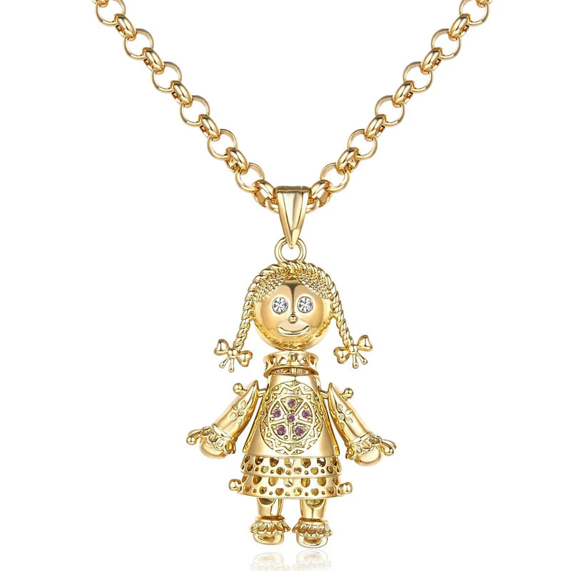 Rag Doll Pendant with Pink Stones on 22-Inch, 5mm Belcher Chain