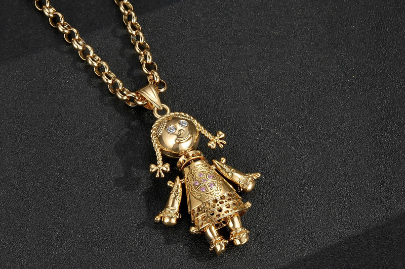 Rag Doll Pendant with Pink Stones on 22-Inch, 5mm Belcher Chain